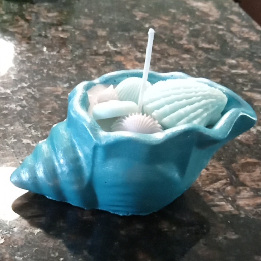 Teal Seashell Concrete Candle Holder